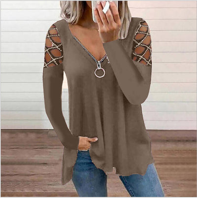Blusa Casual para Mujer con Escote V y Mangas Caladas con Cristales - Image 4