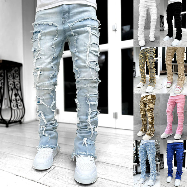 Pantalones Vaqueros Rotos con Parches Ajustados Apilados para Hombre