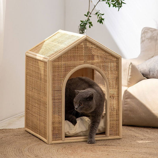 Casa Cama de Ratán Tejido para Gatos - Refugio Fresco y Ventilado