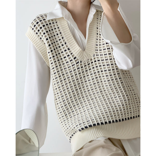 Chaleco Tejido V-Neck con Contraste de Colores para Mujer
