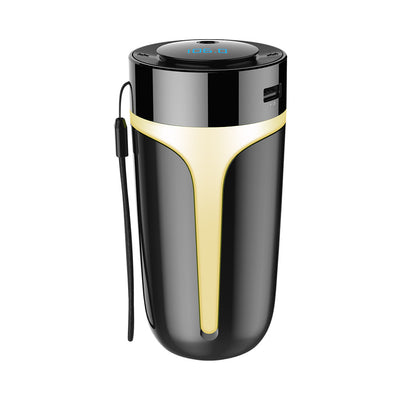 Black and gold car air purifier and humidifier with Bluetooth music, digital display, and USB port.