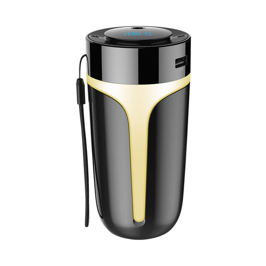 Black and gold car air purifier and humidifier with Bluetooth music, digital display, and USB port.