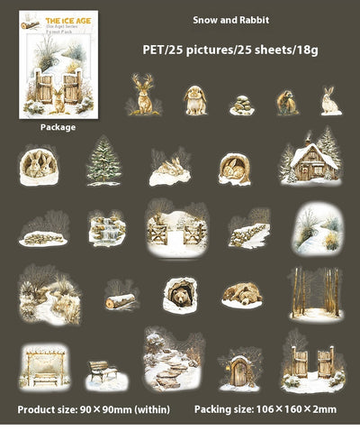 A set of 25 PET stickers featuring winter landscapes, ice castles, deer, wolves, and an ice queen in a snowy fantasy theme. - Image 16