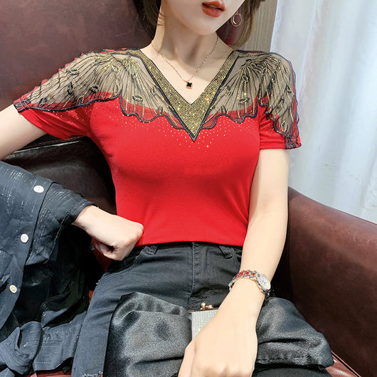 Blusa Mujer Manga Corta con Strass Brillante - Image 9