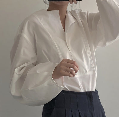Blusa Suelta de Cuello Redondo con Mangas Linterna - Blanco para Mujer - Image 15