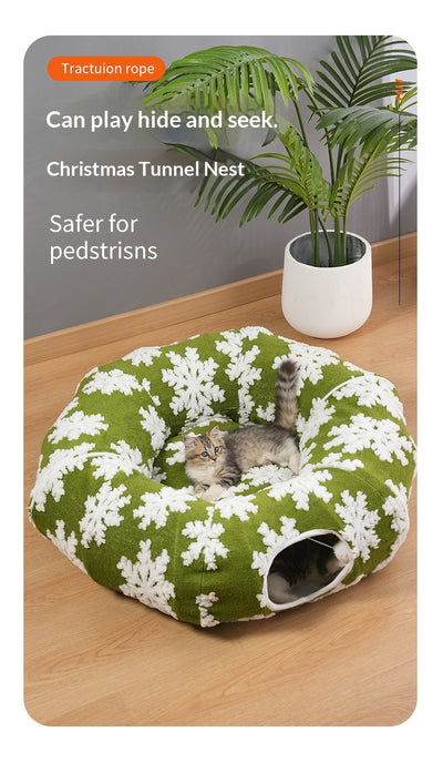 Cama Túnel Navideño para Mascotas con Diseño de Copos de Nieve Verde - Image 13