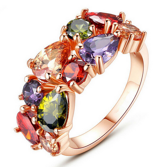 Shiny rose gold-tone necklace, earrings, and ring set with multi-colored teardrop and round zircon stones. Ring size 9. - Image 24
