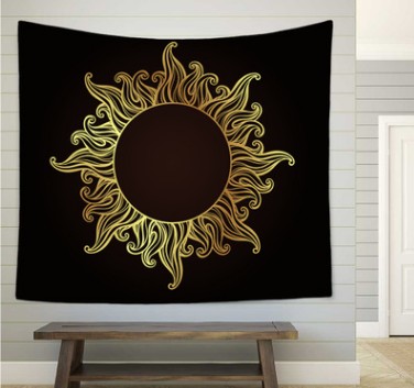 Bohemian sun and moon tapestry with a celestial pattern of golden suns and crescent moons on a dark blue background. - Image 25