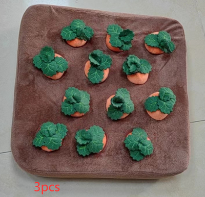 Brown plush snuffle mat with ten orange carrot-shaped toys, each with green leafy tops, for pet foraging and play. - Image 11