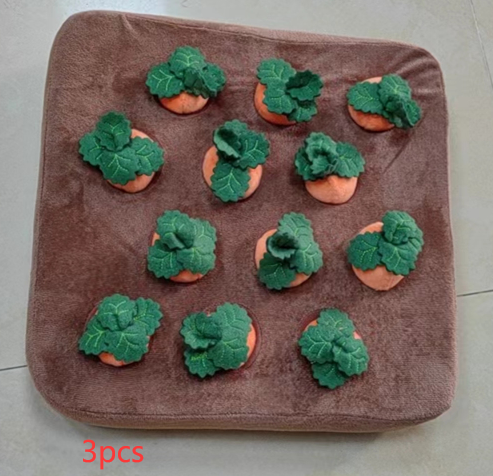 Brown plush snuffle mat with ten orange carrot-shaped toys, each with green leafy tops, for pet foraging and play. - Image 11