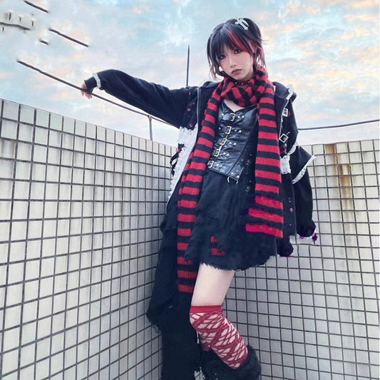 Bufanda Harajuku Punk Rayas Gris Rojo Negro