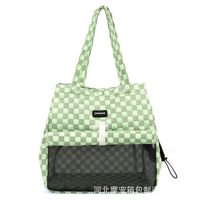 Blue and gray checkered soft pet carrier bag with mesh window and side opening for small cats or dogs. - Image 9