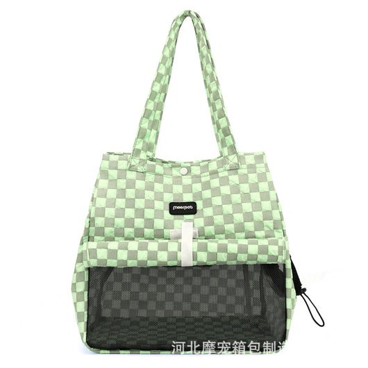 Blue and gray checkered soft pet carrier bag with mesh window and side opening for small cats or dogs. - Image 9