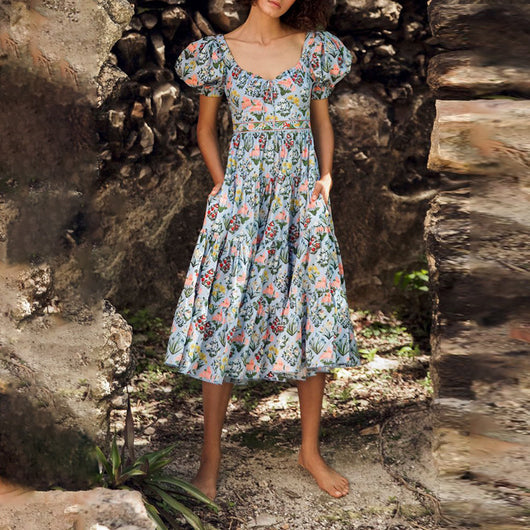 Vestido Azul Mori con Mangas Abullonadas, Cintura Alta y Estampado