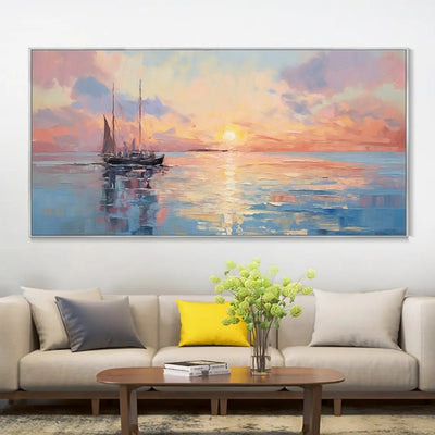 Cuadro Abstracto Moderno Atardecer sobre el Mar - Lienzo Óleo Hecho a Mano para Sala de Estar