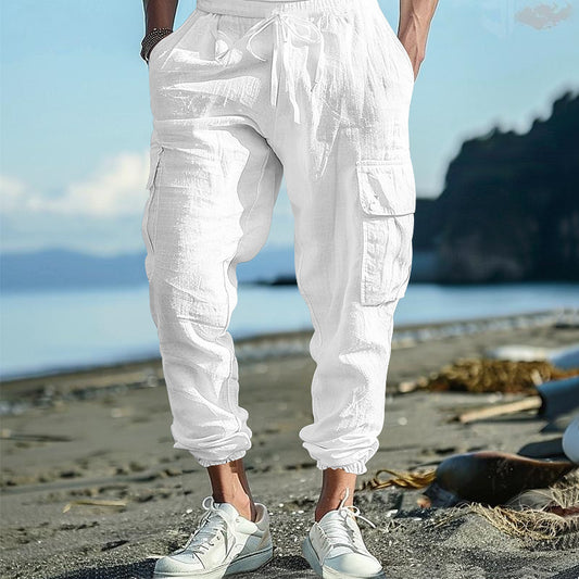 Pantalones Casuales de Algodón y Lino con Múltiples Bolsillos y Cordón Ajustable