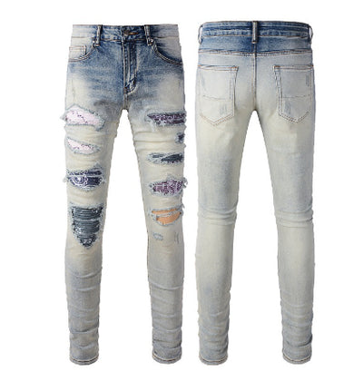 Jeans Slim Fit Azul con Pliegues, Detalles de Piel de Serpiente y Rotos Bordados - Image 8