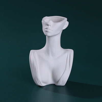 Jarrón Decorativo con Rostro de Cerámica y Flores Artesanales