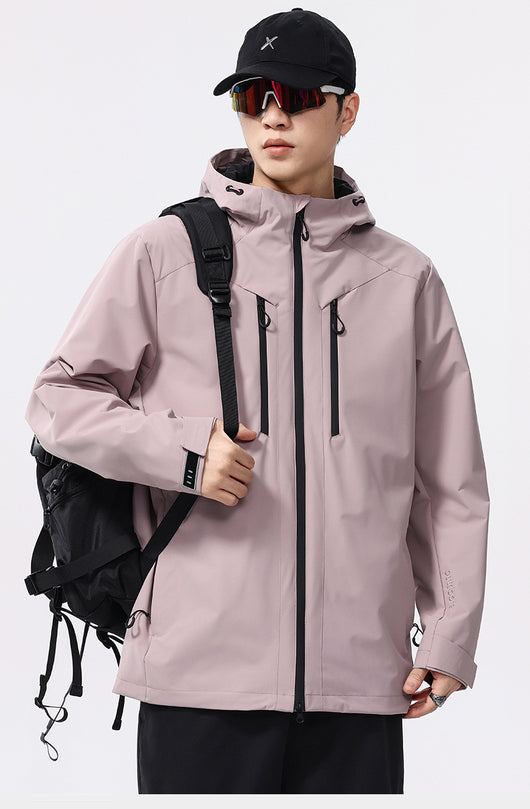 Man wearing a black windproof and waterproof outdoor jacket with a hood, sports sunglasses, and a bucket hat, holding a trekking pole. - Image 14