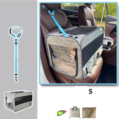 Blue soft-sided pet travel carrier bag with mesh windows, shown assembled and folded flat for storage. - Image 11