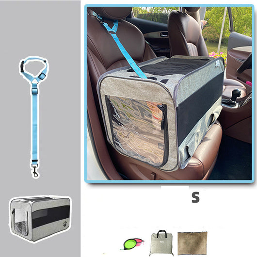 Blue soft-sided pet travel carrier bag with mesh windows, shown assembled and folded flat for storage. - Image 11