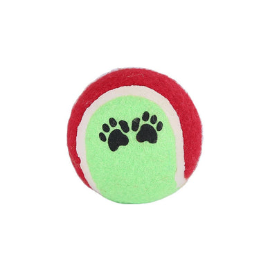 Red and green pet tennis ball with black paw print graphics, a durable rubber dog toy for fetch. - Image 2
