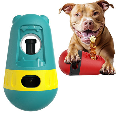 Red and black slow feeder dog toy with a treat dispenser, next to a bulldog playing with a green and yellow version. - Image 6