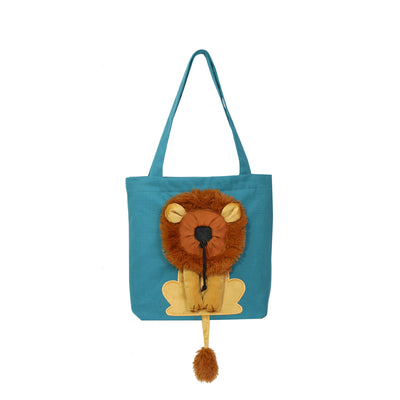 Grey soft pet carrier with a lion design, featuring a plush mane, ears, paws, and tail, and a drawstring opening. - Image 13