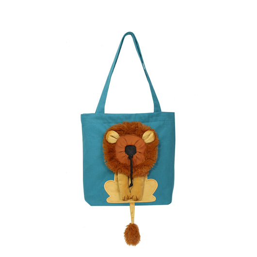 Grey soft pet carrier with a lion design, featuring a plush mane, ears, paws, and tail, and a drawstring opening. - Image 13
