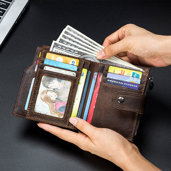 Billetera Vertical Corta de Cuero Genuino con Protección RFID - Estilo Retro Europeo