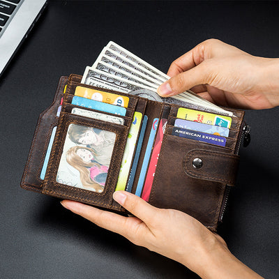 Billetera Vertical Corta de Cuero Genuino con Protección RFID - Estilo Retro Europeo