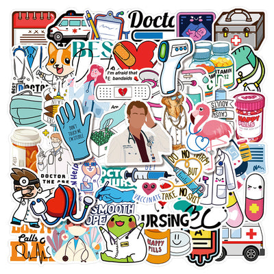 50 waterproof PVC stickers with a medical theme, featuring doctors, nurses, ambulances, and medical equipment. - Image 9