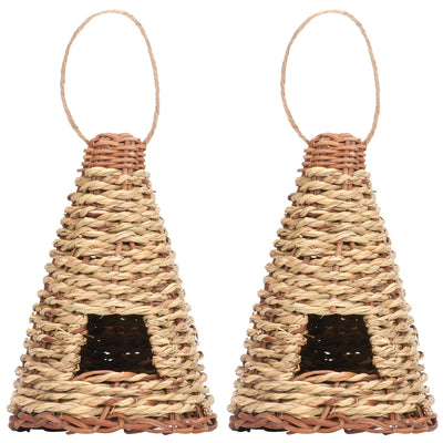 Cone-shaped, flat-bottomed bird's nest woven from natural straw with a small entrance and hanging loop. - Image 9