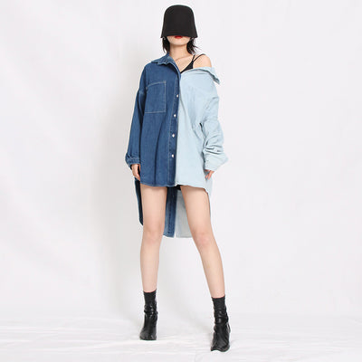 Camisa Suelta para Mujer con Contraste de Costuras