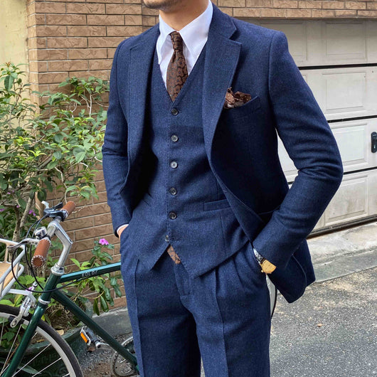 Traje Slim Fit Espiga Retro Lana Otoño Invierno para Hombre - Image 13