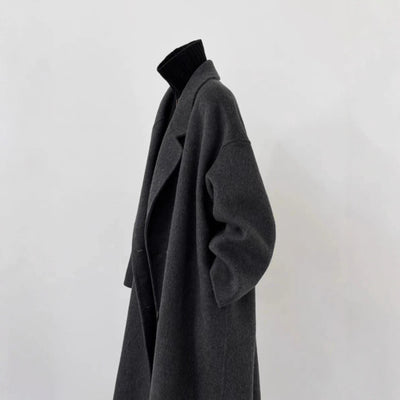 Abrigo de Lana Coreano Gris Oscuro Holgado Largo Mujer Premium