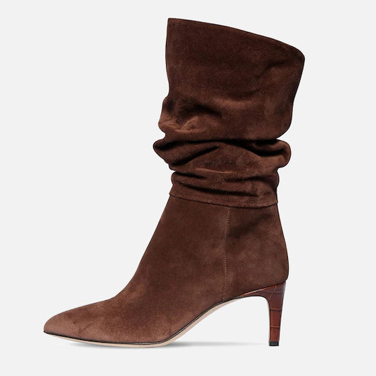 Botas Stiletto Punta Fina Efecto Serpiente Plisadas Púrpura y Plata - Image 4