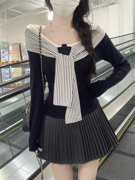 Blusa Rayas con Cordones y Encaje Manga Larga para Mujer - Image 12