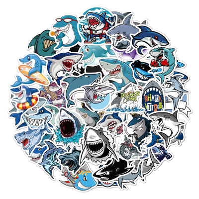 Set de 50 Stickers Tiburón Cartoon - Impermeables para Maletas, Patinetas y Decoración - Image 5