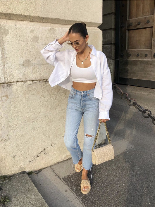 Blusa Blanca de Lino Mujer Manga Larga Estilo Relajado Verano - Image 9