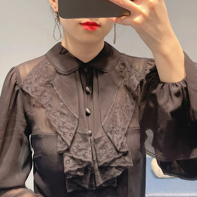 Vestido Negro Manga Larga con Cuello Volante y Falda Acampanada - Image 11