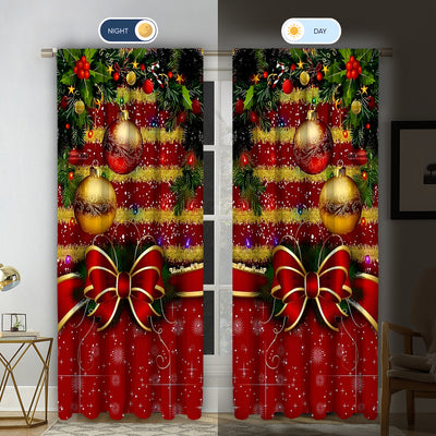Pair of Christmas curtains with a 3D digital print of a snowy winter window scene, frosted trees, and snowflakes. - Image 35