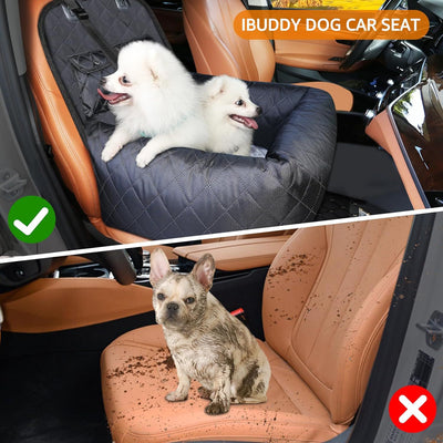 Black quilted pet car seat protector with two happy white fluffy dogs, secured to a brown leather car seat. - Image 7