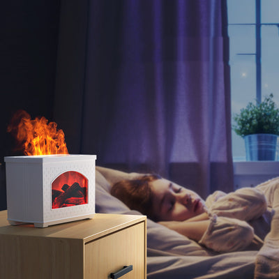 White simulated flame light effect humidifier with a brick texture, displaying realistic logs and a warm glow. - Image 5