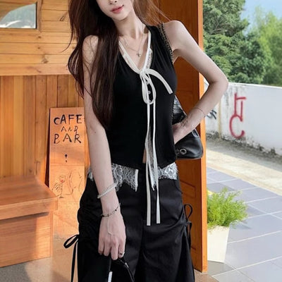 Top Elegante Sin Mangas con Encaje Falso Dos Piezas Negro - Image 3