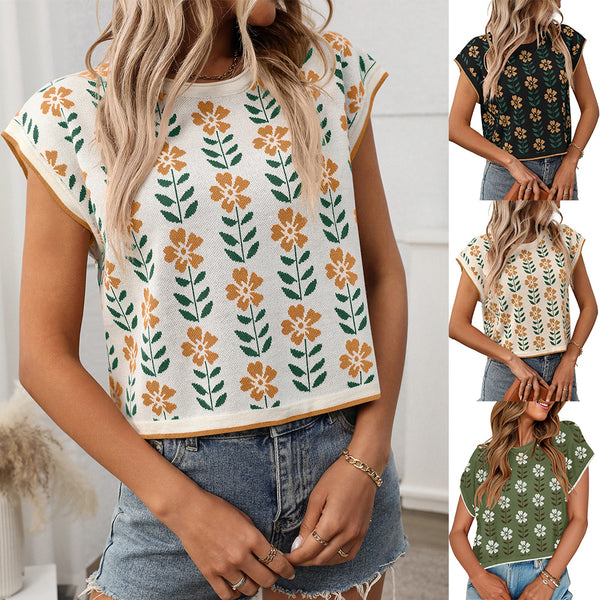 Suéter Corto Tejido con Flores, Cuello Redondo y Diseño Color Block