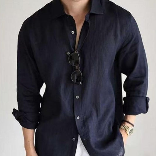 Camisa Casual Business Mezcla Algodón Lino Teñida en Hilo Colores Sólidos