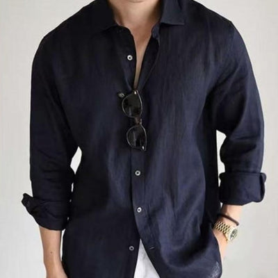 Camisa Casual Business Mezcla Algodón Lino Teñida en Hilo Colores Sólidos