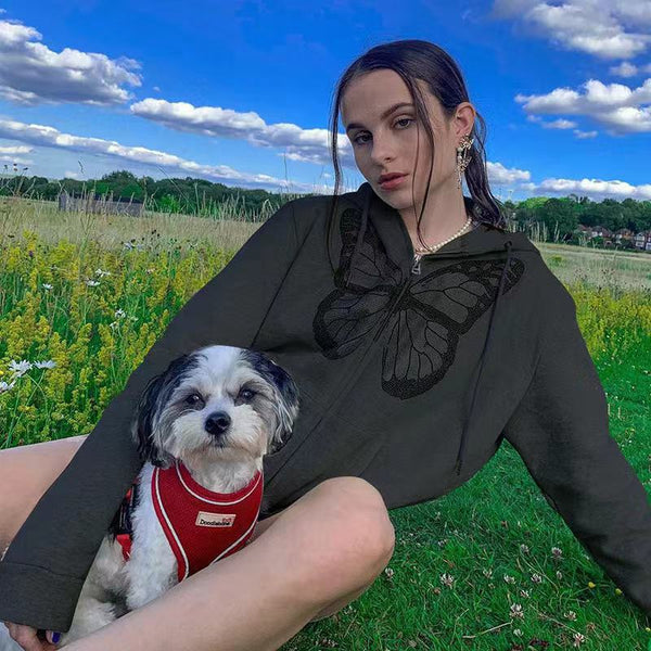 Sudadera con Capucha Estampado Mariposas Manga Larga para Mujer - Casual Otoño Invierno