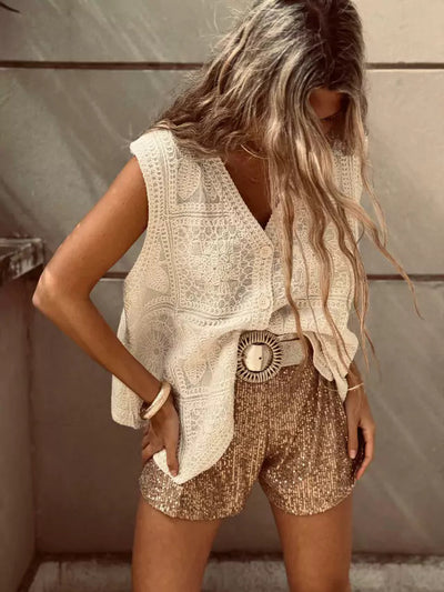Chaleco Cardigan con Encaje Bordado y Hebilla - Top Versátil para Vacaciones - Image 7